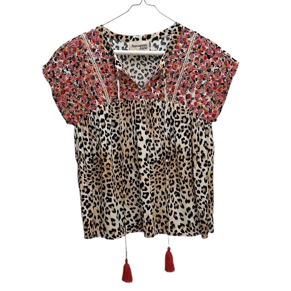 Savanna Jane Animal Print Floral Embroidery Tassel Ties Babydoll Top Med…